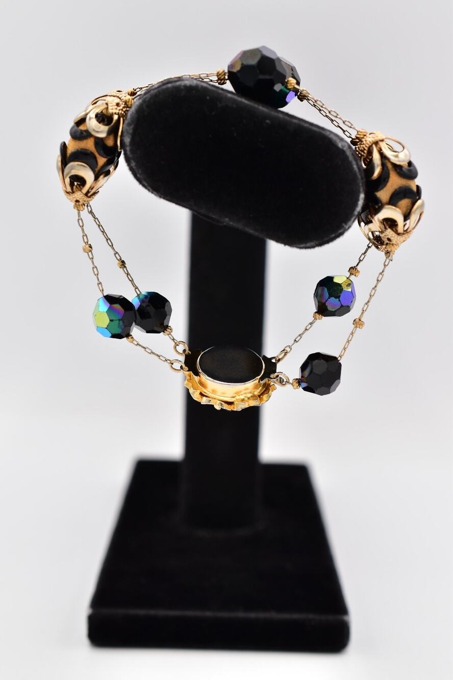Vintage Gold Tone Black Crystal Beaded Bracelet Aurora AB Faceted 1960s BinBR